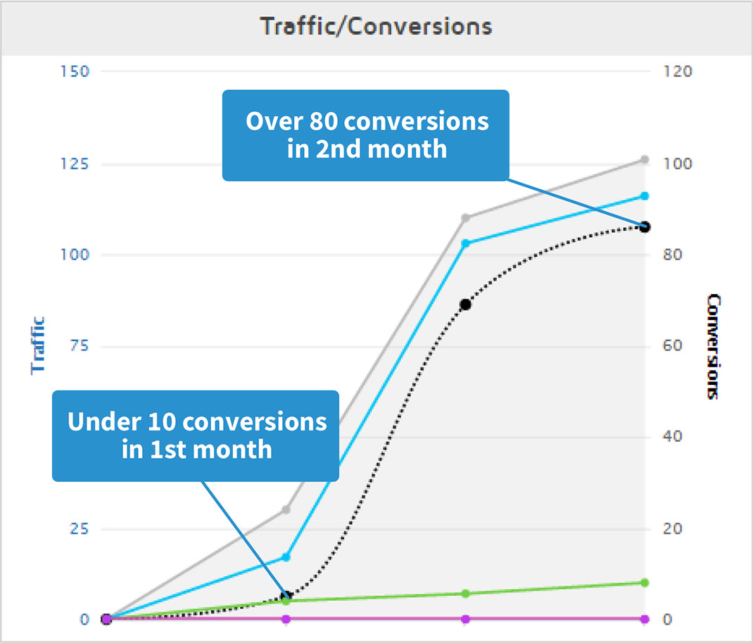 Conversions increased from under 10 in the 1st month, to over 80 in the 2nd month